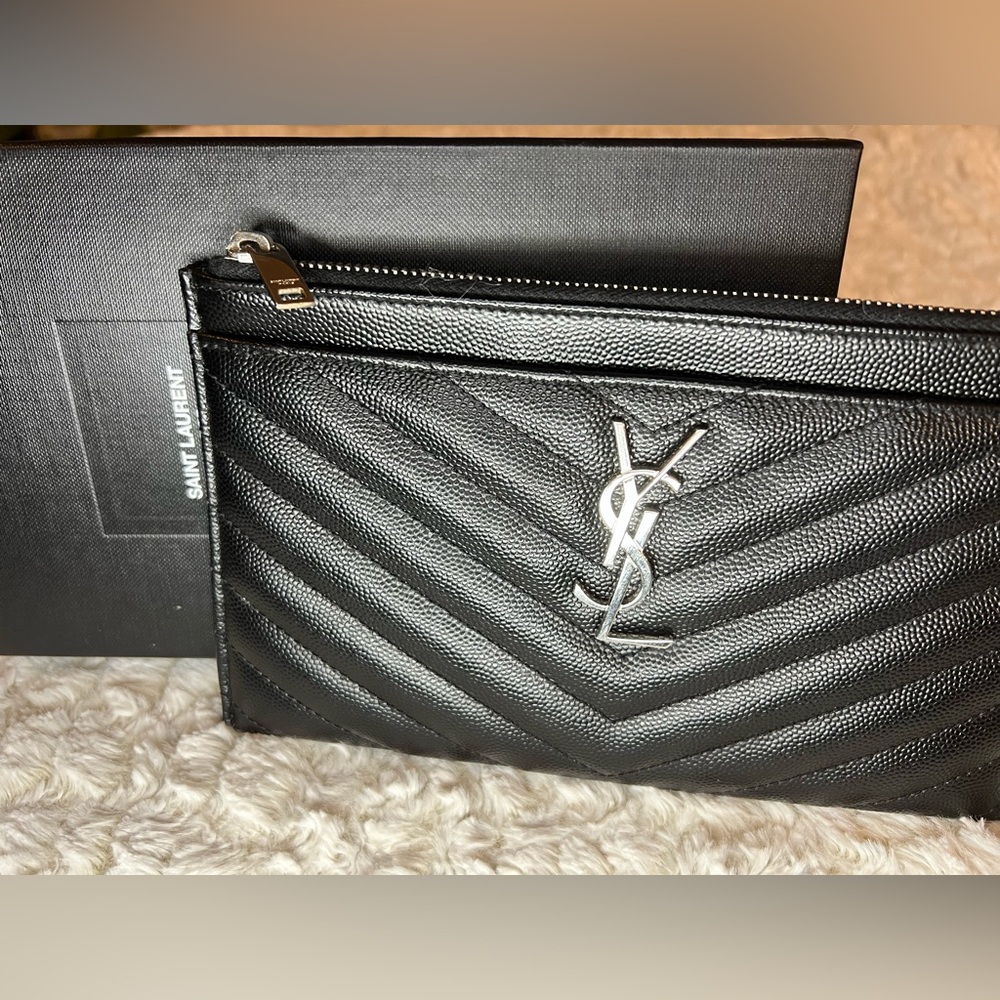 Authentic YSL Saint Laurent Monogrammed Quilted Calfskin Zip Pouch